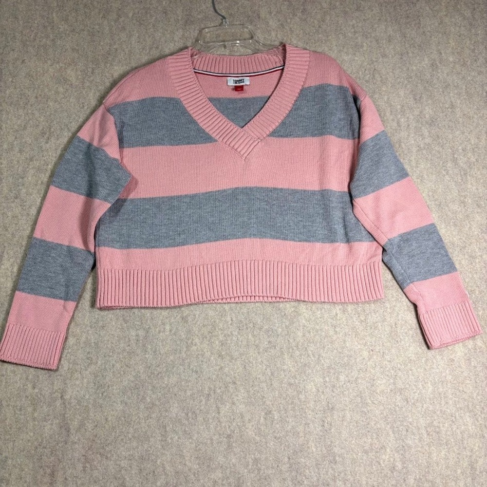 Tommy Jeans Sweater Wmns M Pink Grey Cotton Knit Cropped V-Neck Preppy Y2K Logo